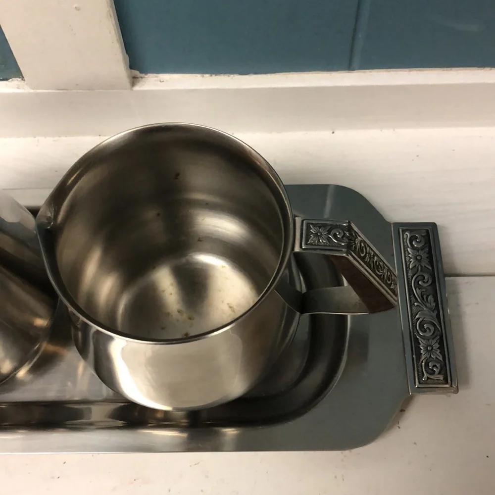 Vintage International Decorator Stainless 18-8 Tray, Creamer & Sugar Bowl‎ JAPAN